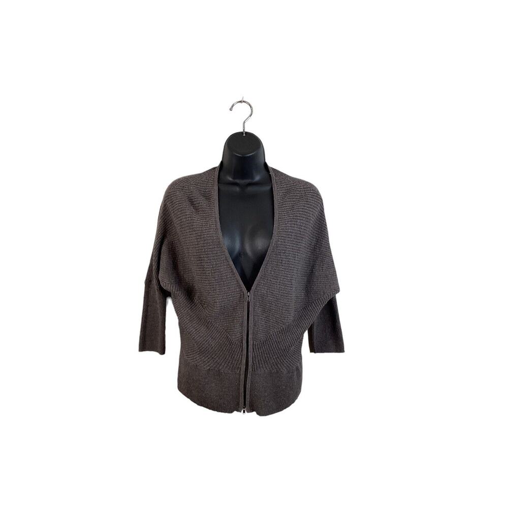 EILEEN FISHER Sweater gray Wool Knit Cardigan V-Neck Zip Up Ribbed 3/4 sleeve SM